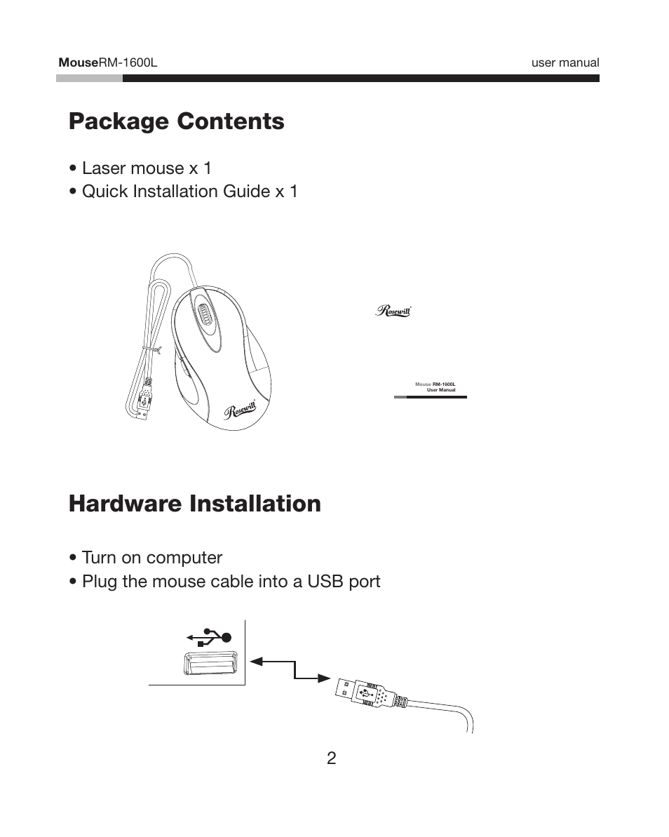 Package contents, Hardware installation, Laser mouse x 1 • quick installation guide x 1 | Rosewill RM-1600L User Manual | Page 3 / 8