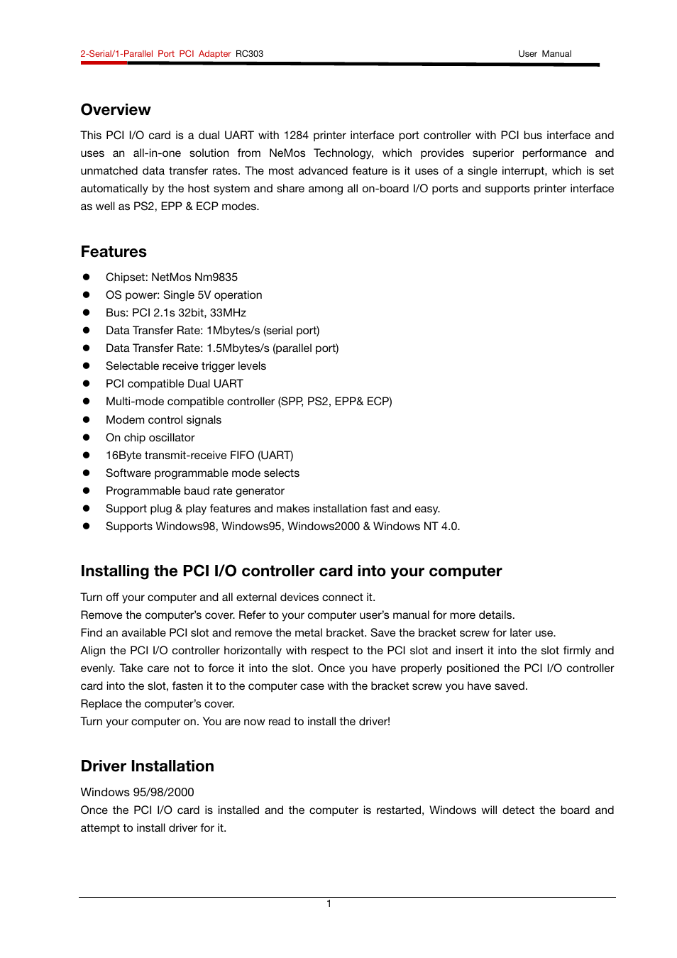 Overview, Features, Driver installation | Rosewill RC-303 User Manual | Page 2 / 4