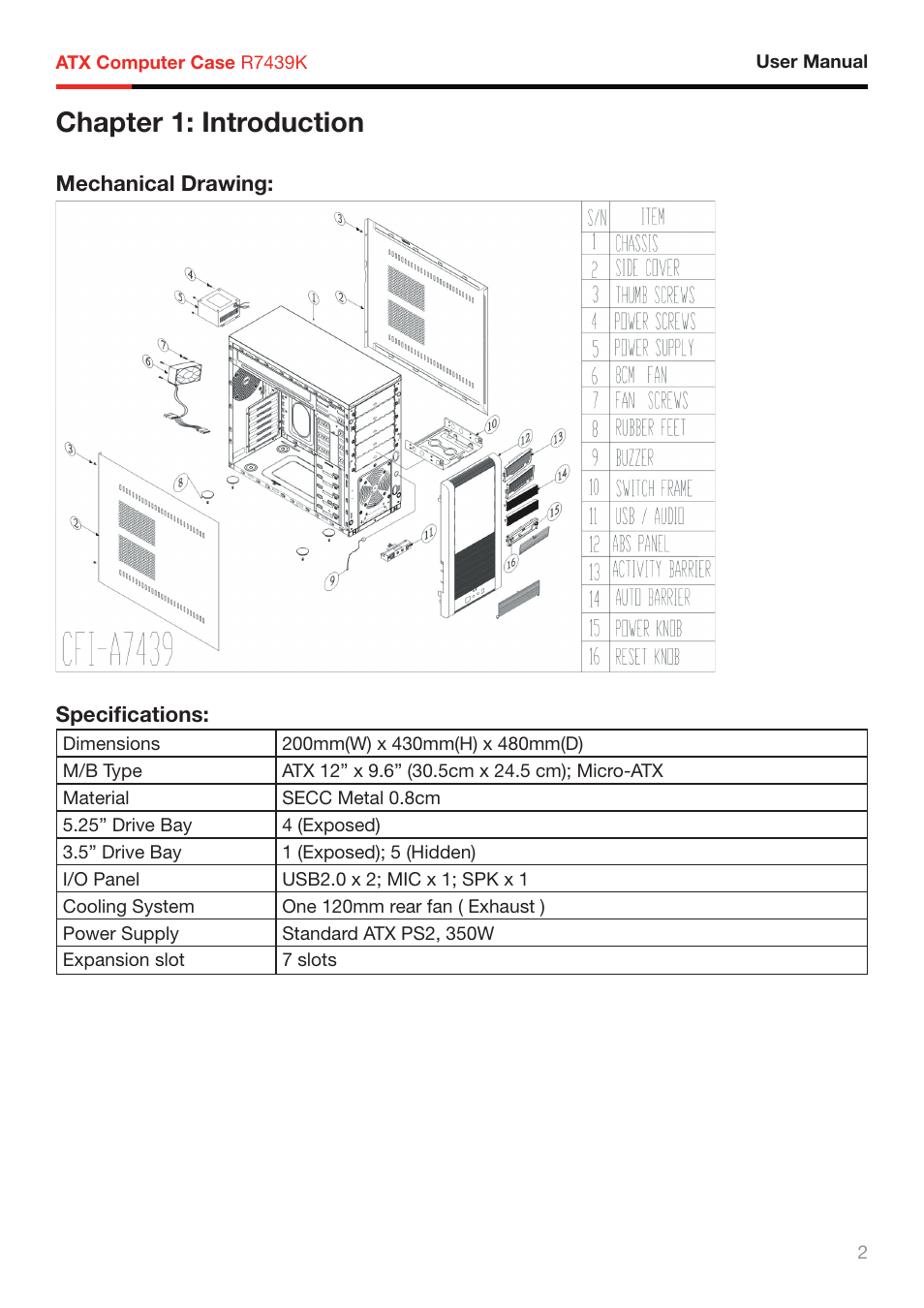 Chapter 1: introduction | Rosewill ATX COMPUTER CASE R7439K User Manual | Page 3 / 8