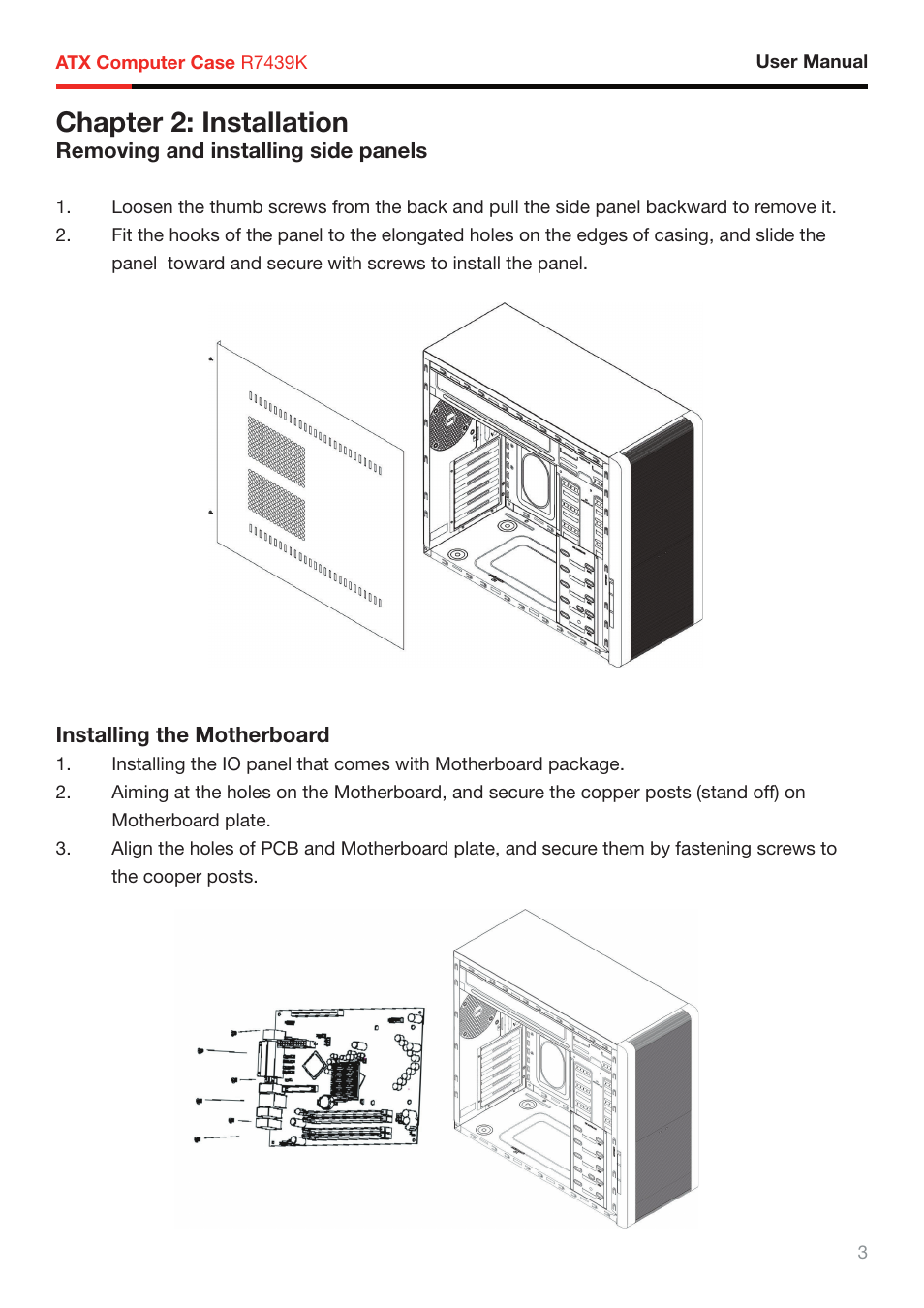 Chapter 2: installation | Rosewill ATX COMPUTER CASE R7439K User Manual | Page 4 / 8