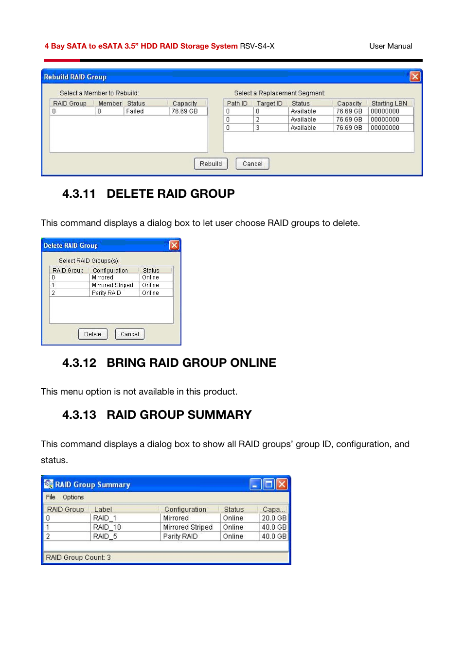 11 delete raid group, 12 bring raid group online, 13 raid group summary | Rosewill HDD RAID RSV-S4-X User Manual | Page 103 / 111