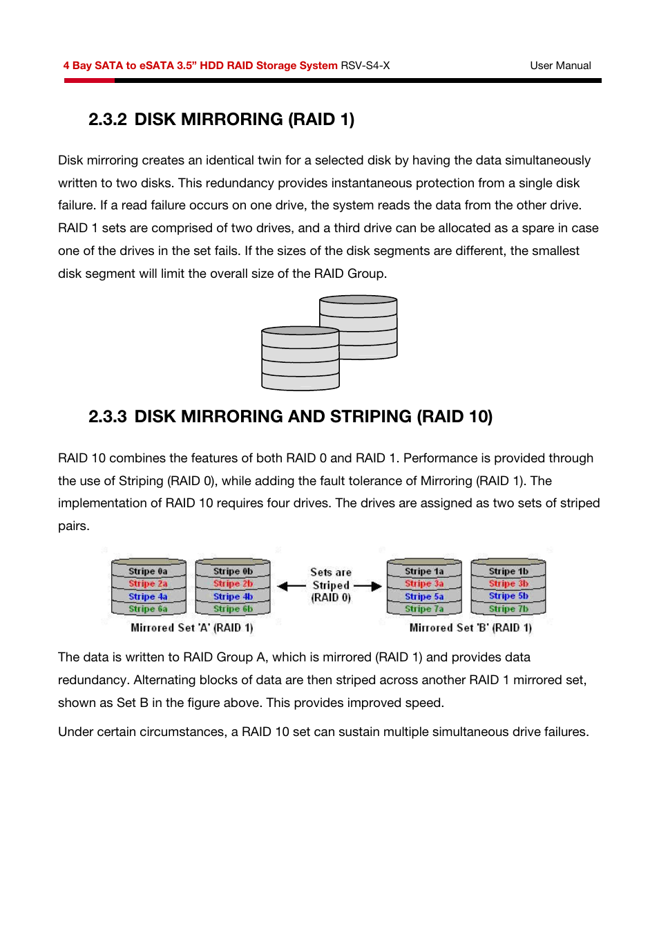 2 disk mirroring (raid 1), 3 disk mirroring and striping (raid 10) | Rosewill HDD RAID RSV-S4-X User Manual | Page 12 / 111