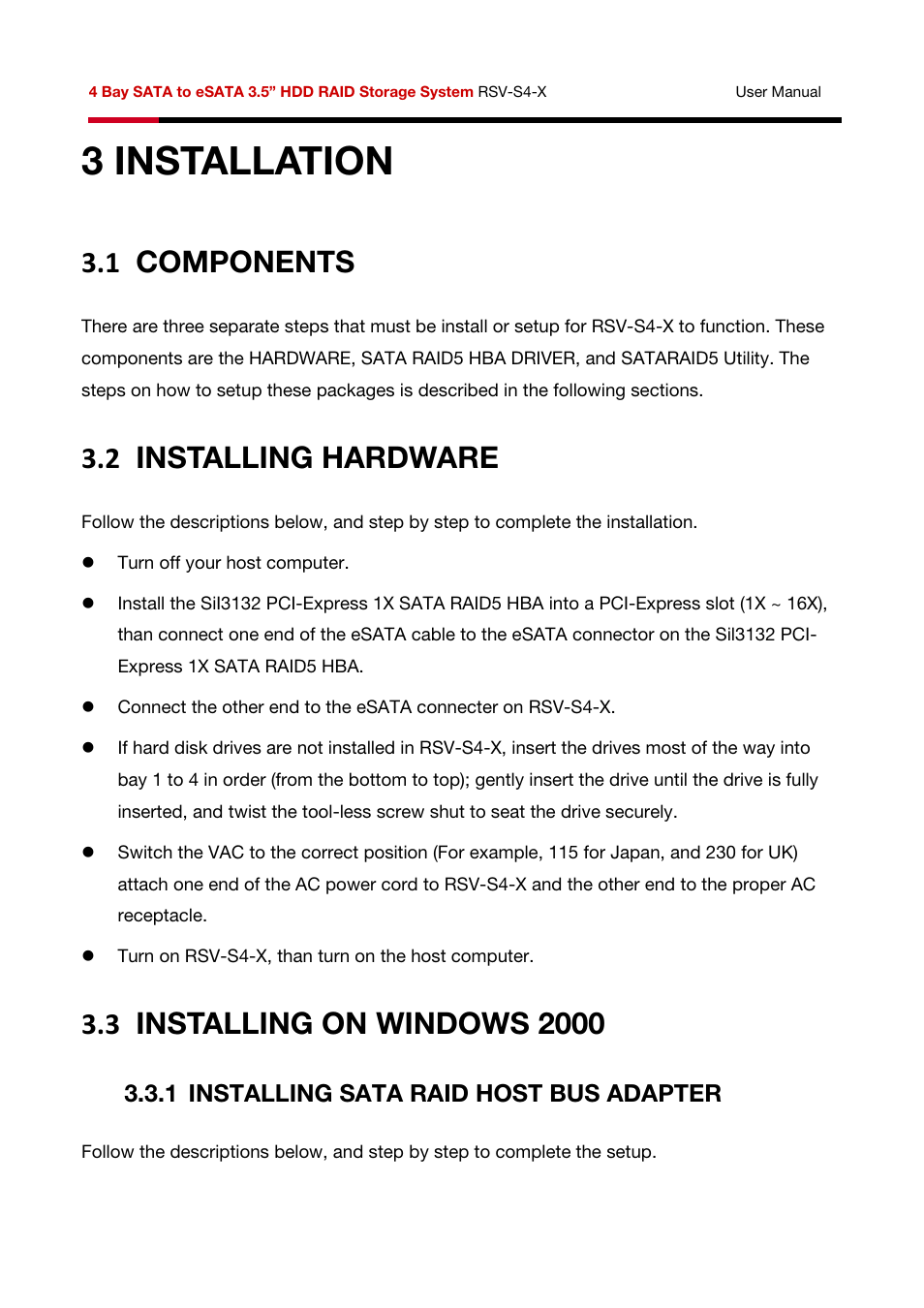 3installation, 1 components, 2 installing hardware | 1 installing sata raid host bus adapter | Rosewill HDD RAID RSV-S4-X User Manual | Page 15 / 111