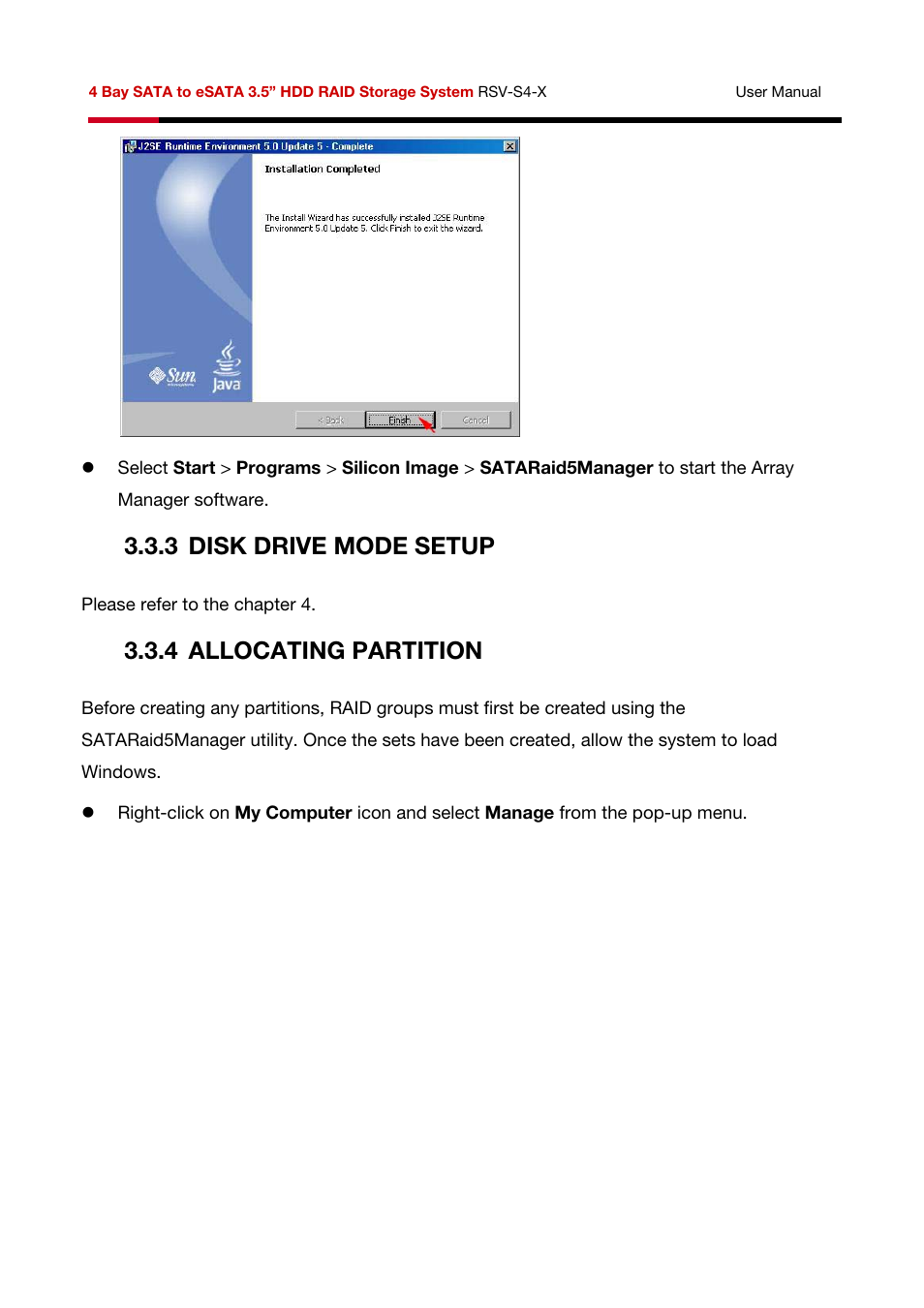 3 disk drive mode setup, 4 allocating partition | Rosewill HDD RAID RSV-S4-X User Manual | Page 25 / 111