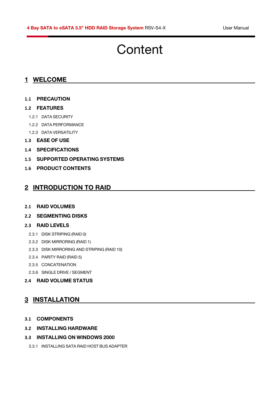 Content, Welcome, Introduction to raid | Installation | Rosewill HDD RAID RSV-S4-X User Manual | Page 3 / 111
