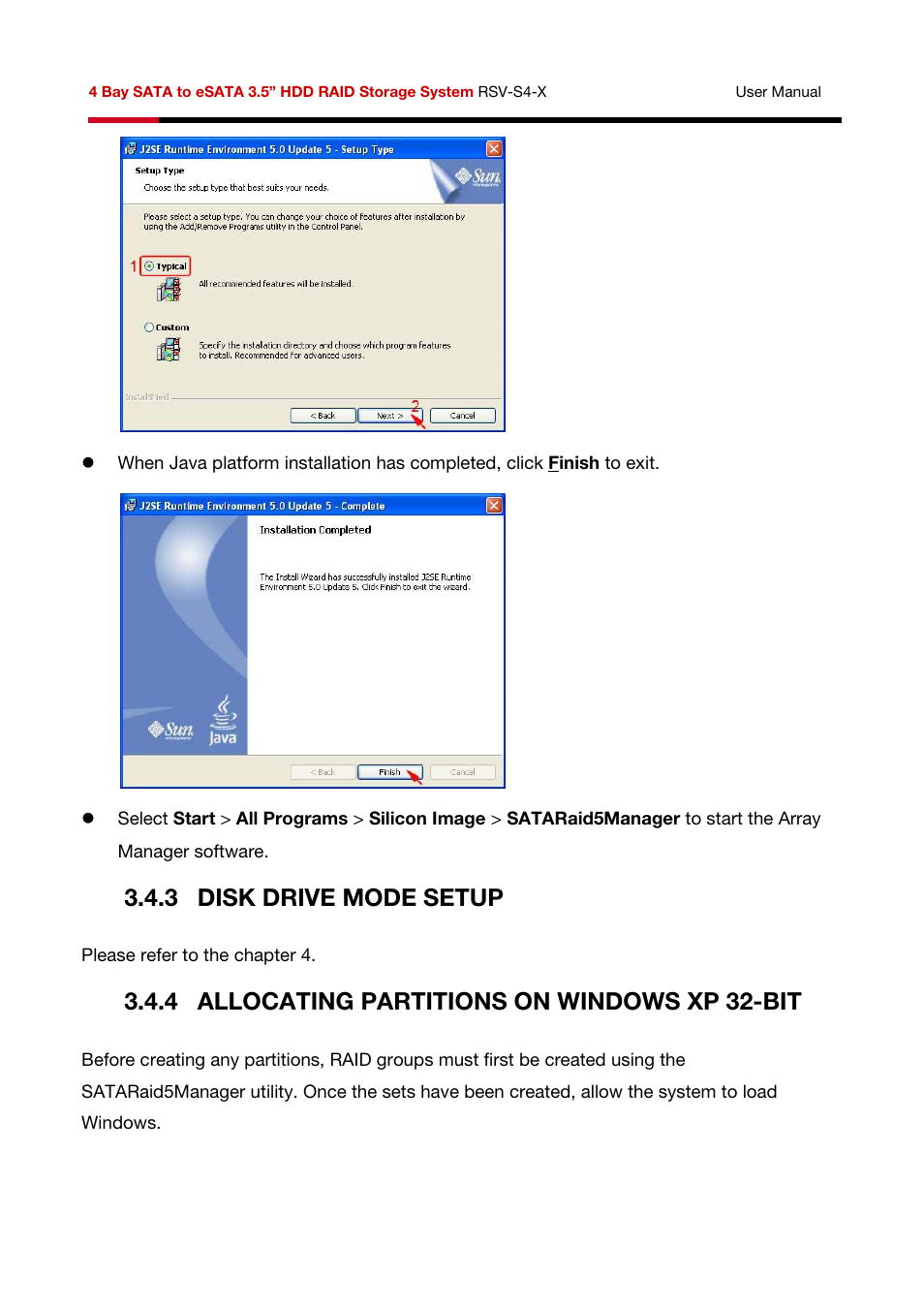 3 disk drive mode setup, 4 allocating partitions on windows xp 32-bit | Rosewill HDD RAID RSV-S4-X User Manual | Page 39 / 111