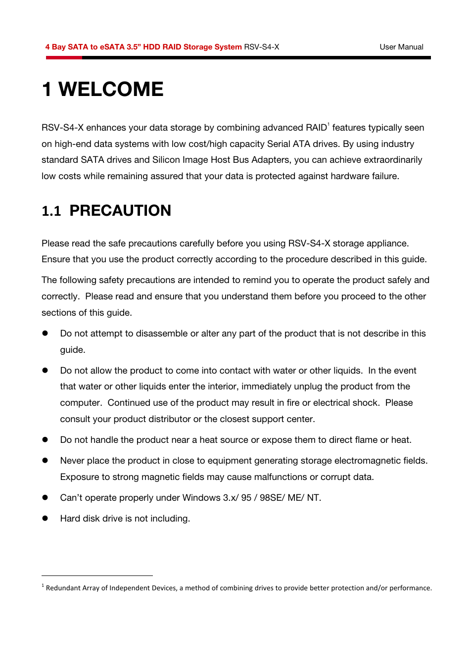 1welcome, 1 precaution | Rosewill HDD RAID RSV-S4-X User Manual | Page 6 / 111