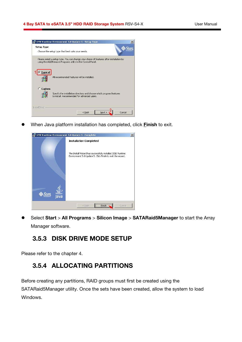 3 disk drive mode setup, 4 allocating partitions | Rosewill HDD RAID RSV-S4-X User Manual | Page 62 / 111