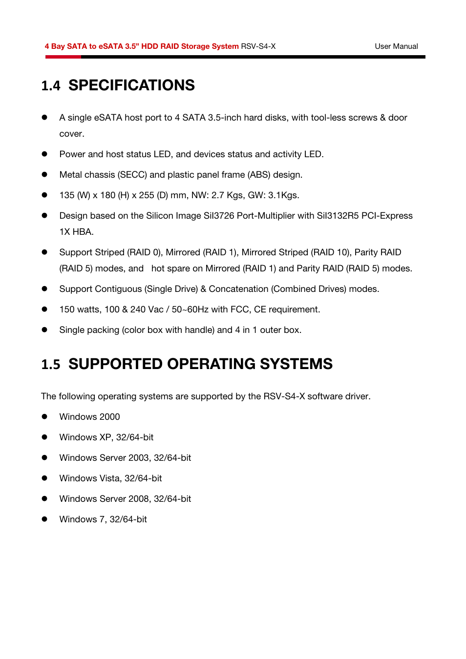 4 specifications, 5 supported operating systems | Rosewill HDD RAID RSV-S4-X User Manual | Page 8 / 111