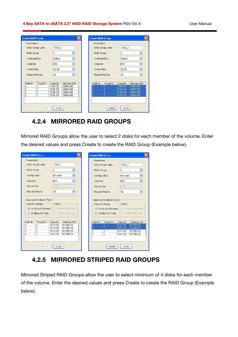 4 mirrored raid groups, 5 mirrored striped raid groups | Rosewill HDD RAID RSV-S4-X User Manual | Page 87 / 111