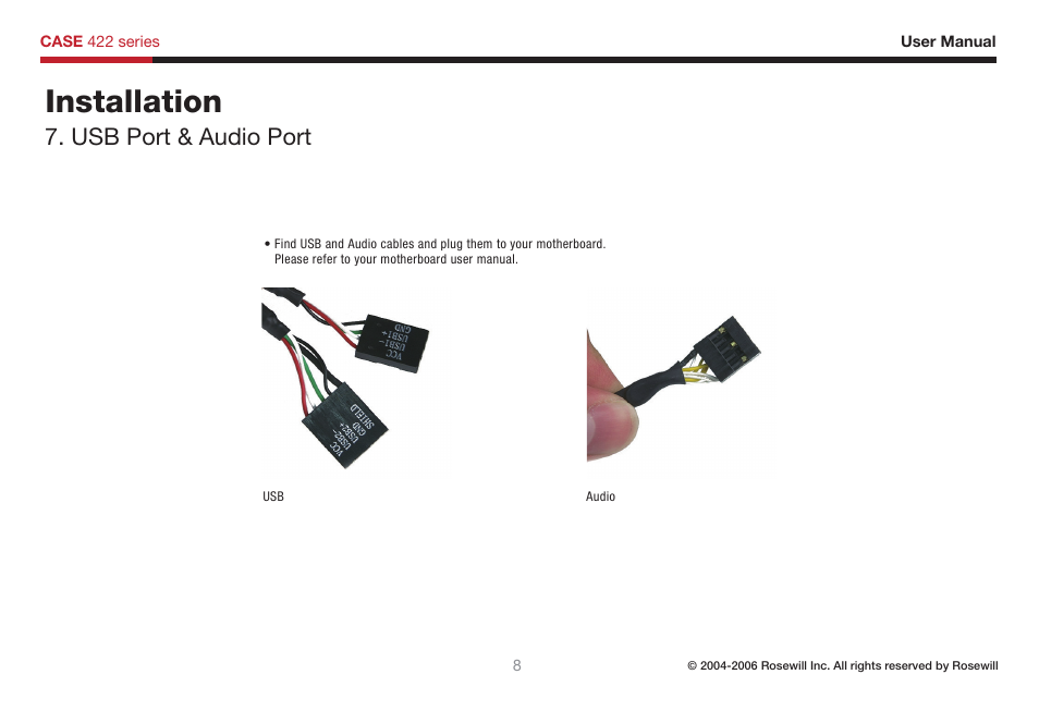 Installation, Usb port & audio port | Rosewill Computer Case 422 User Manual | Page 9 / 12