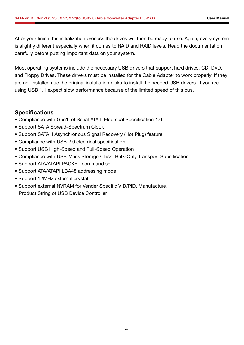 Specifications | Rosewill RCW608 User Manual | Page 5 / 11