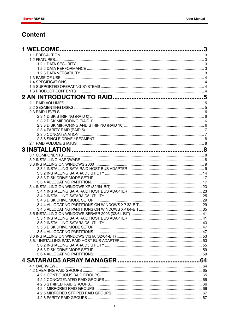 Content 1 welcome, 2 an introduction to raid, 3 installation | 4 sataraid5 array manager | Rosewill RSV-S5 User Manual | Page 2 / 83