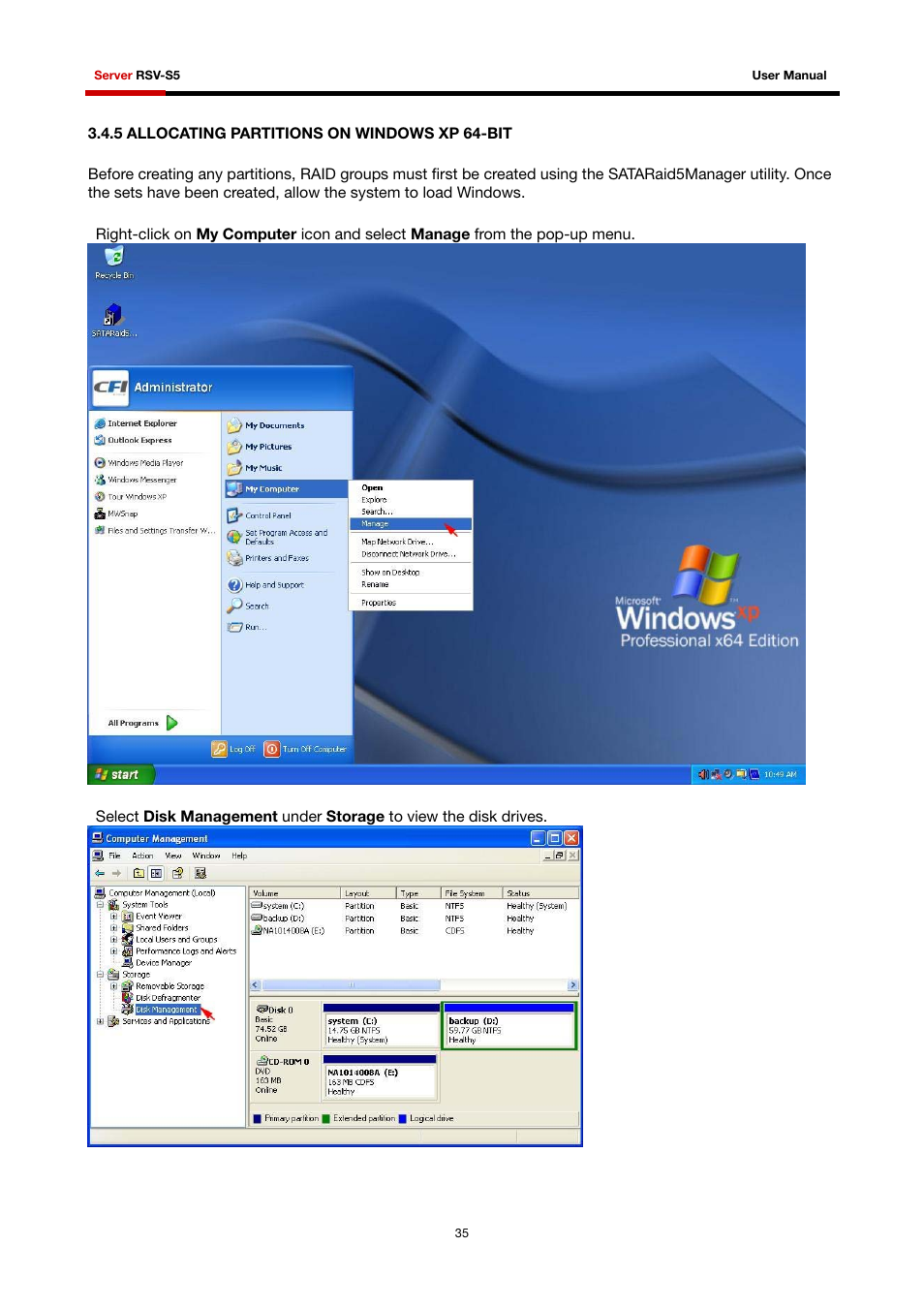 5 allocating partitions on windows xp 64-bit | Rosewill RSV-S5 User Manual | Page 36 / 83