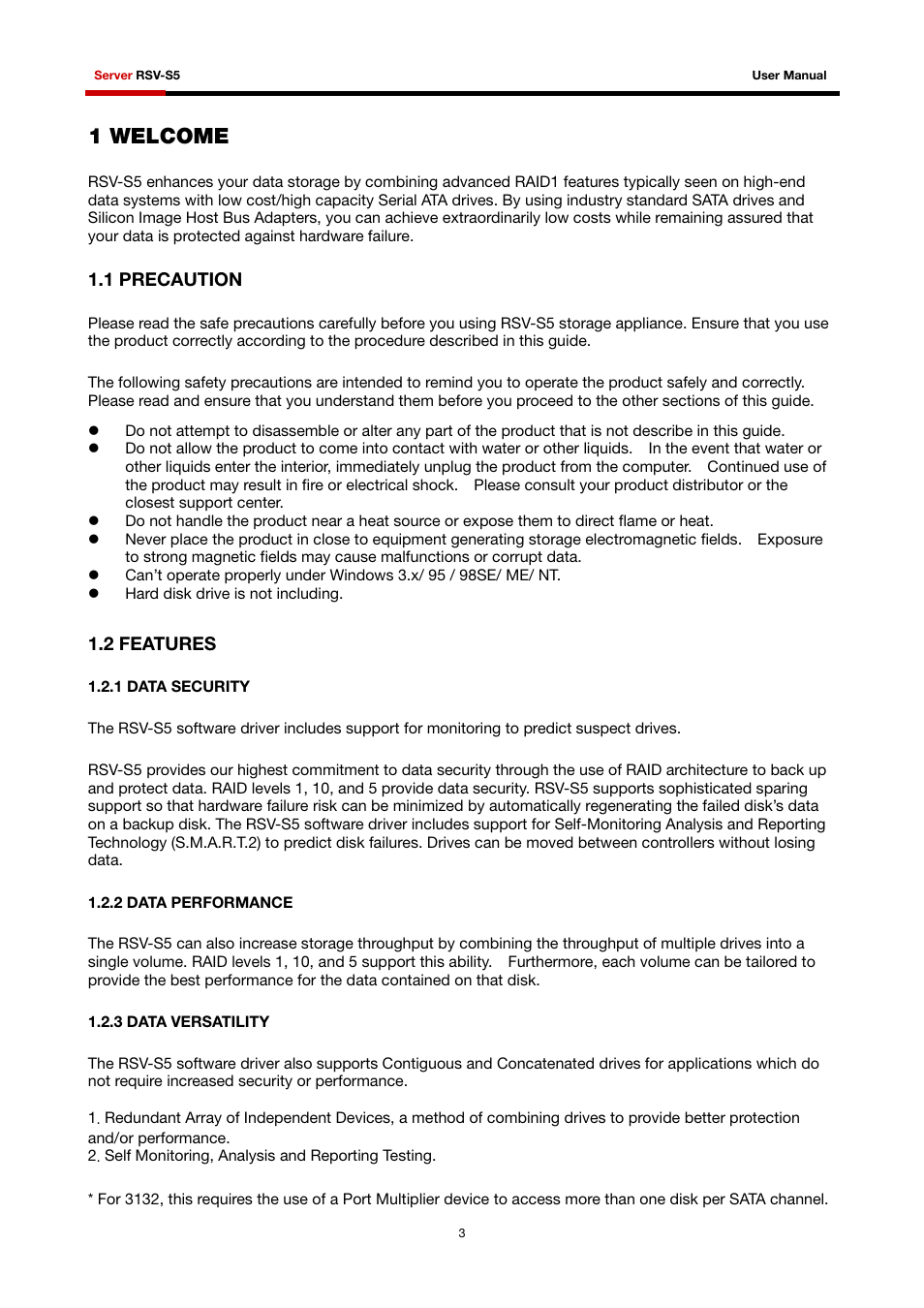 1 welcome, 1 precaution 1.2 features | Rosewill RSV-S5 User Manual | Page 4 / 83