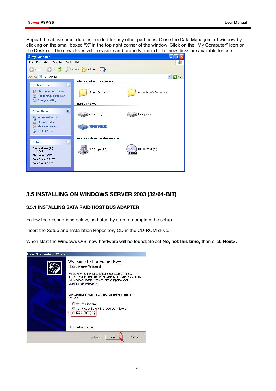 5 installing on windows server 2003 (32/64-bit), 1 installing sata raid host bus adapter | Rosewill RSV-S5 User Manual | Page 42 / 83