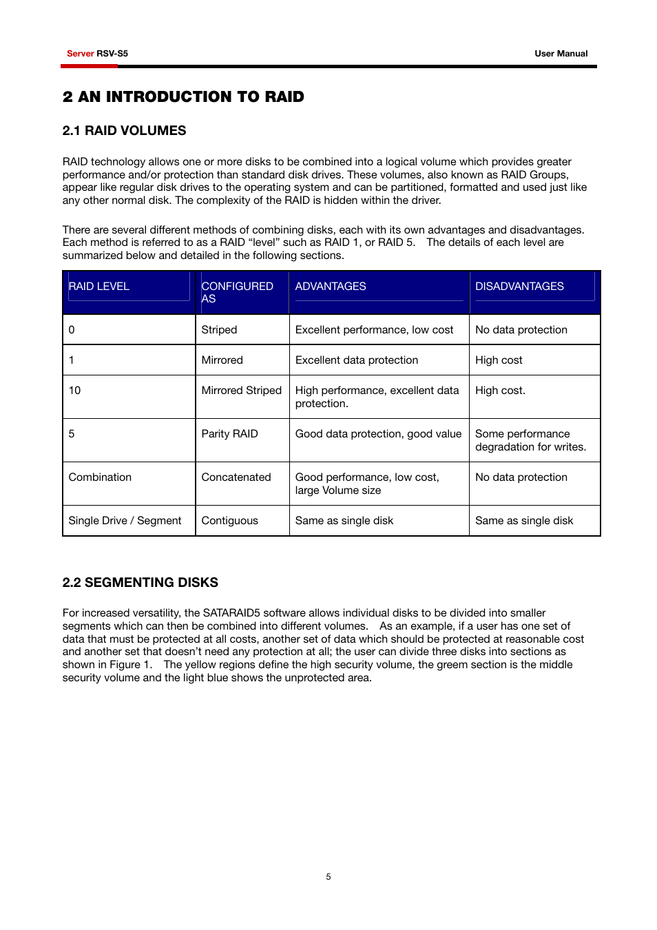 2 an introduction to raid, 1 raid volumes 2.2 segmenting disks | Rosewill RSV-S5 User Manual | Page 6 / 83