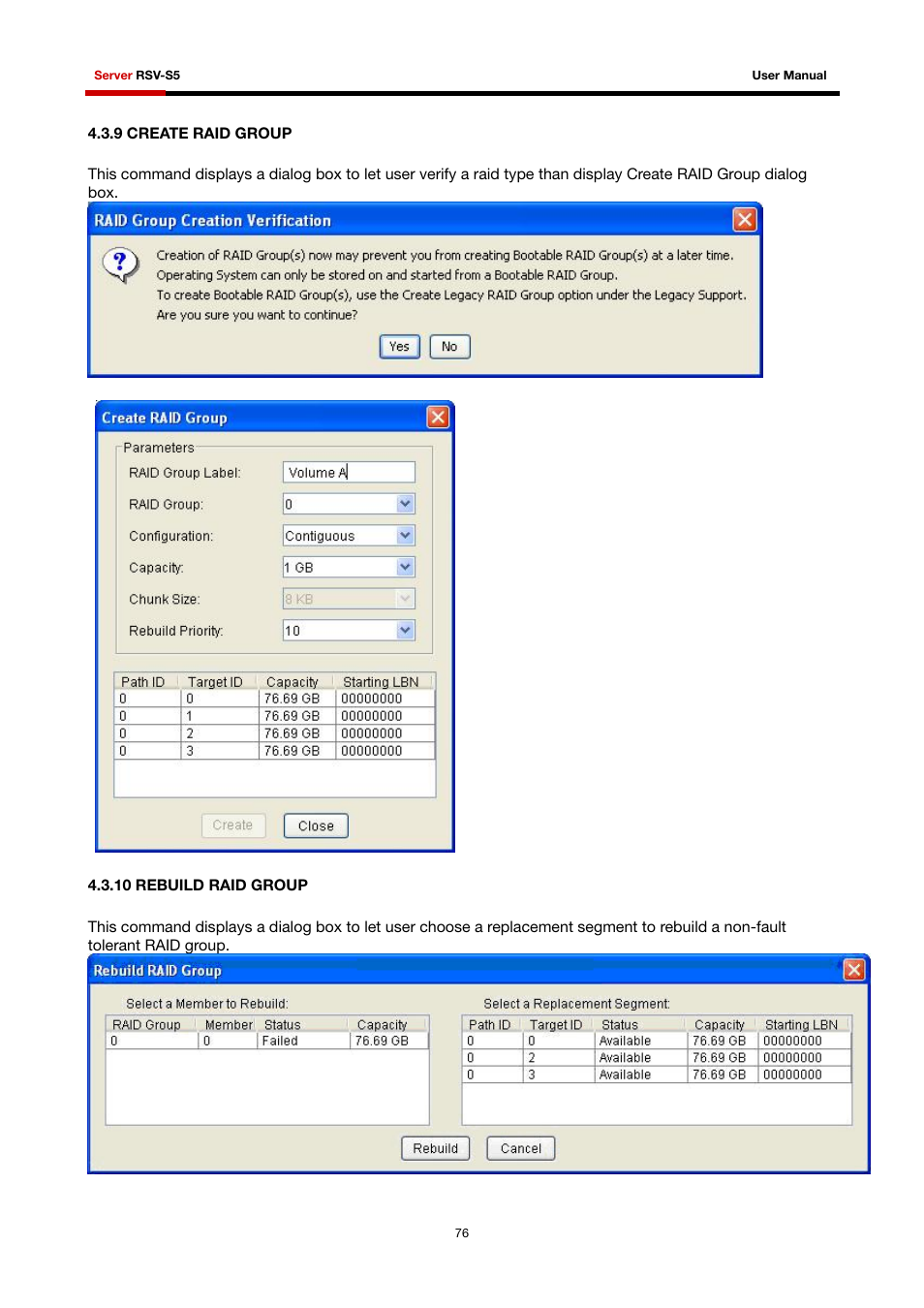 9 create raid group 4.3.10 rebuild raid group | Rosewill RSV-S5 User Manual | Page 77 / 83