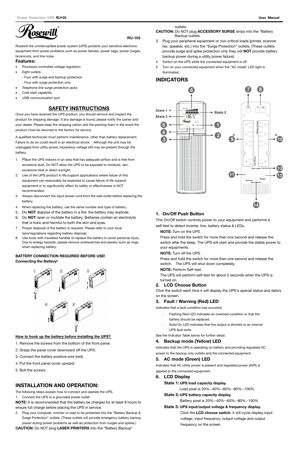 Rosewill Power Protection UPS RU-103 User Manual | 2 pages