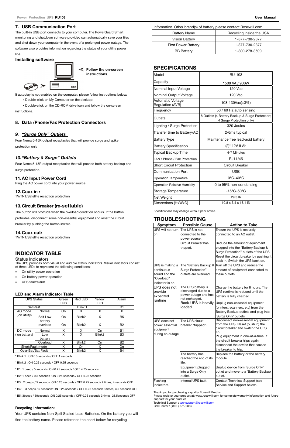 Settable, Indicator table, Specifications | Troubleshooting | Rosewill Power Protection UPS RU-103 User Manual | Page 2 / 2