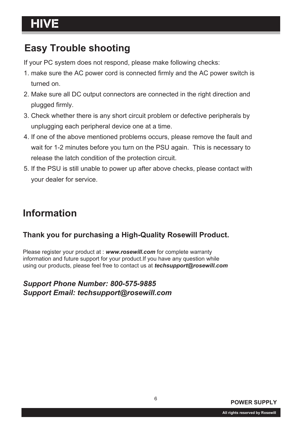User-manual-hive_p06, 188mm, 128mm | Easy trouble shooting, Information | Rosewill 80 PLUS HIVE-750 User Manual | Page 7 / 8
