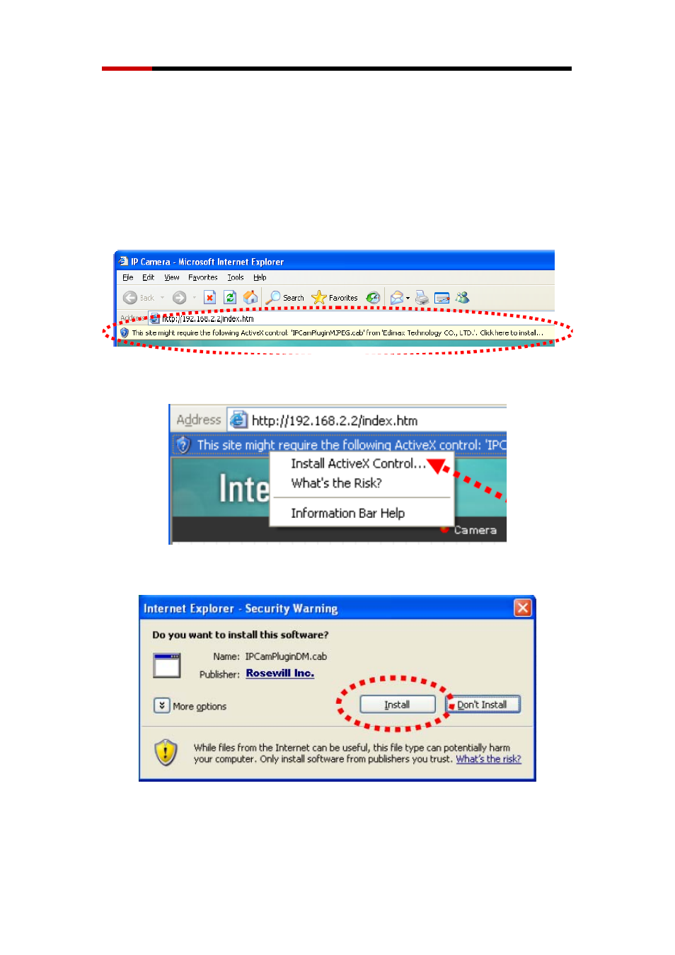 2 install active x for camera | Rosewill WIRED INTERNET CAMERA RXS-3211 User Manual | Page 20 / 86