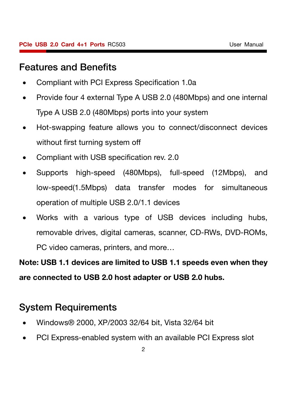 Features and benefits, System requirements | Rosewill RC503 User Manual | Page 2 / 6