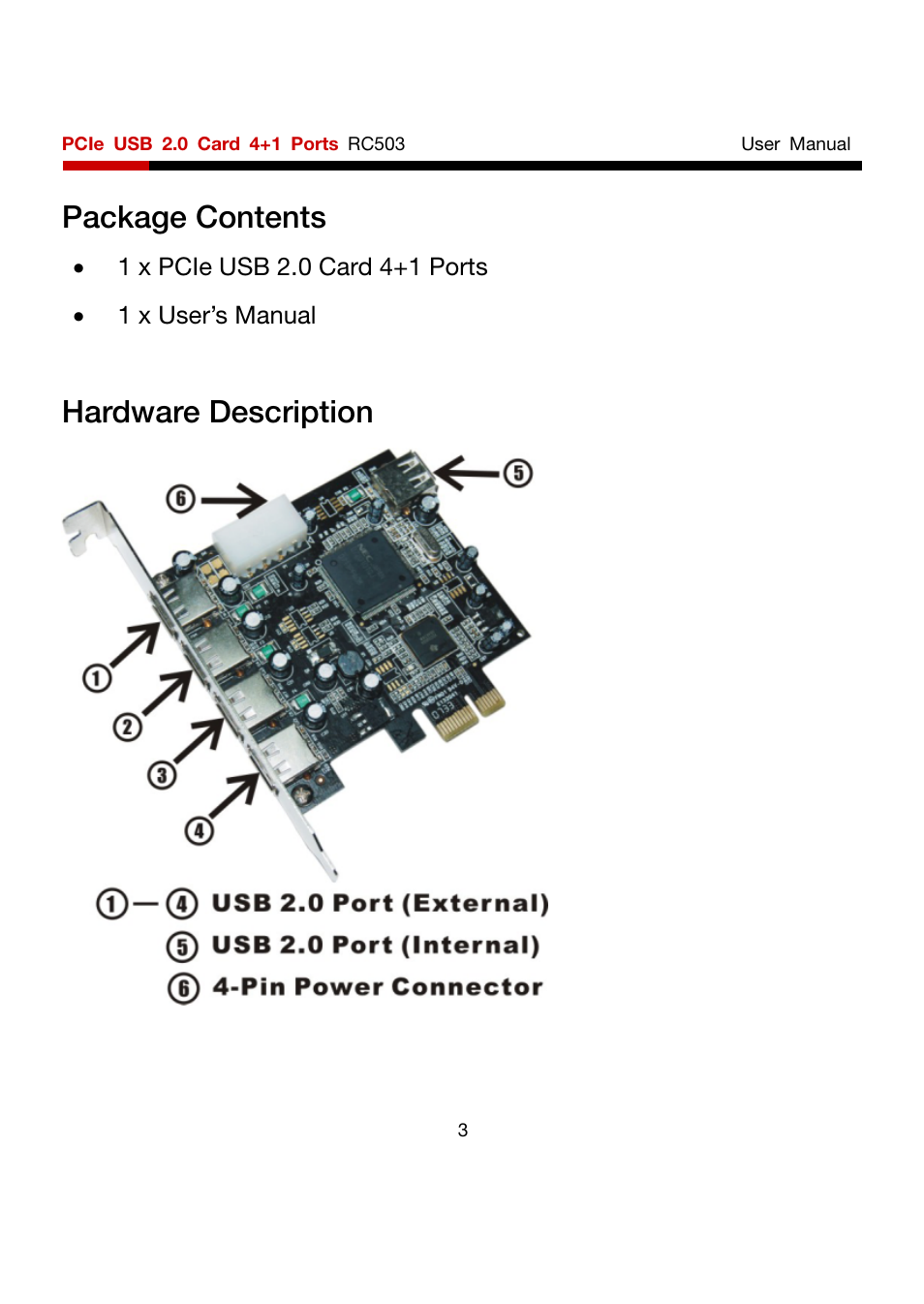 Package contents, Hardware description | Rosewill RC503 User Manual | Page 3 / 6