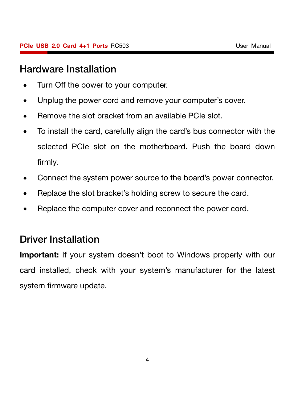 Hardware installation, Driver installation | Rosewill RC503 User Manual | Page 4 / 6