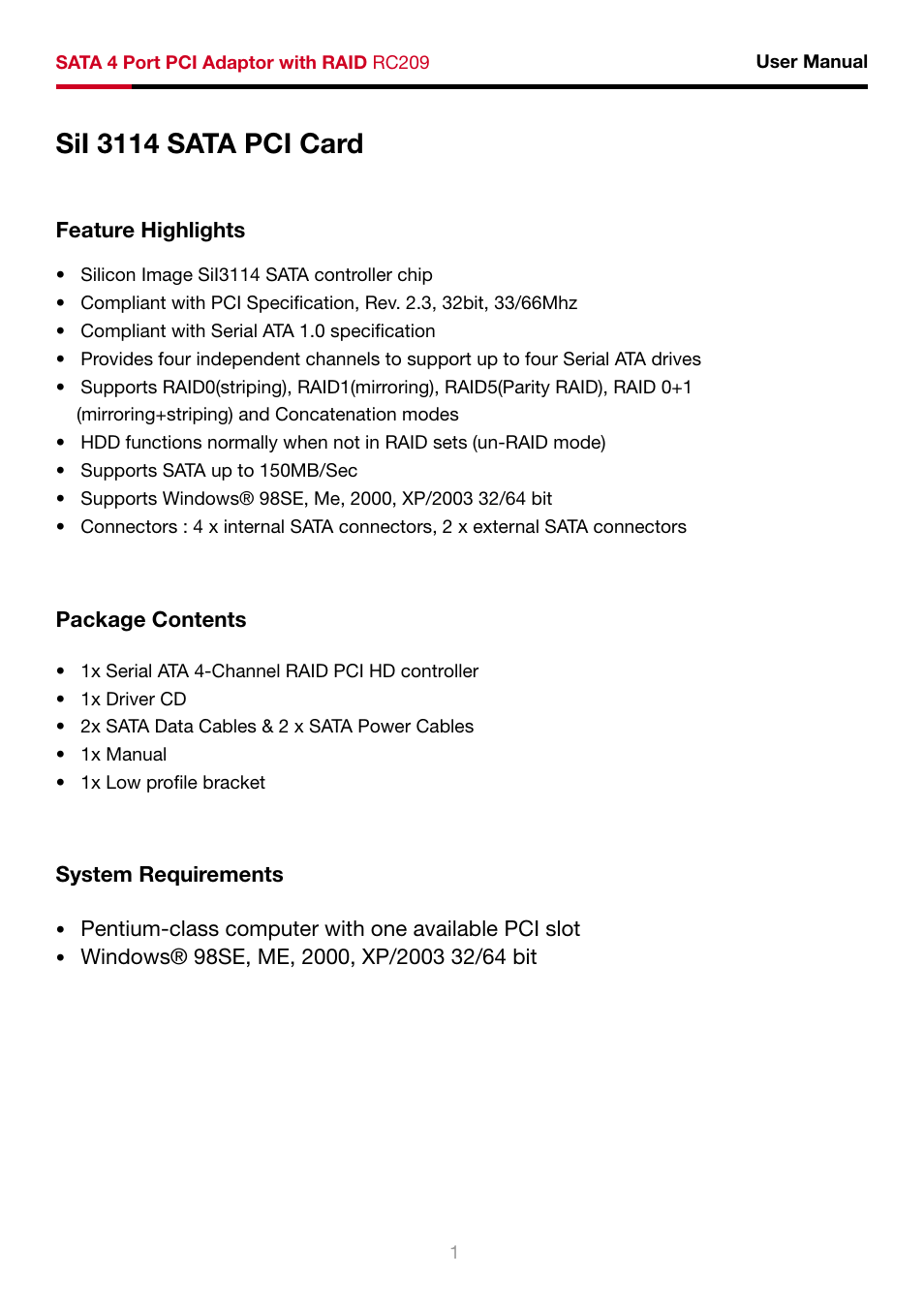 Sii 3114 sata pci card | Rosewill RC-209 User Manual | Page 3 / 23
