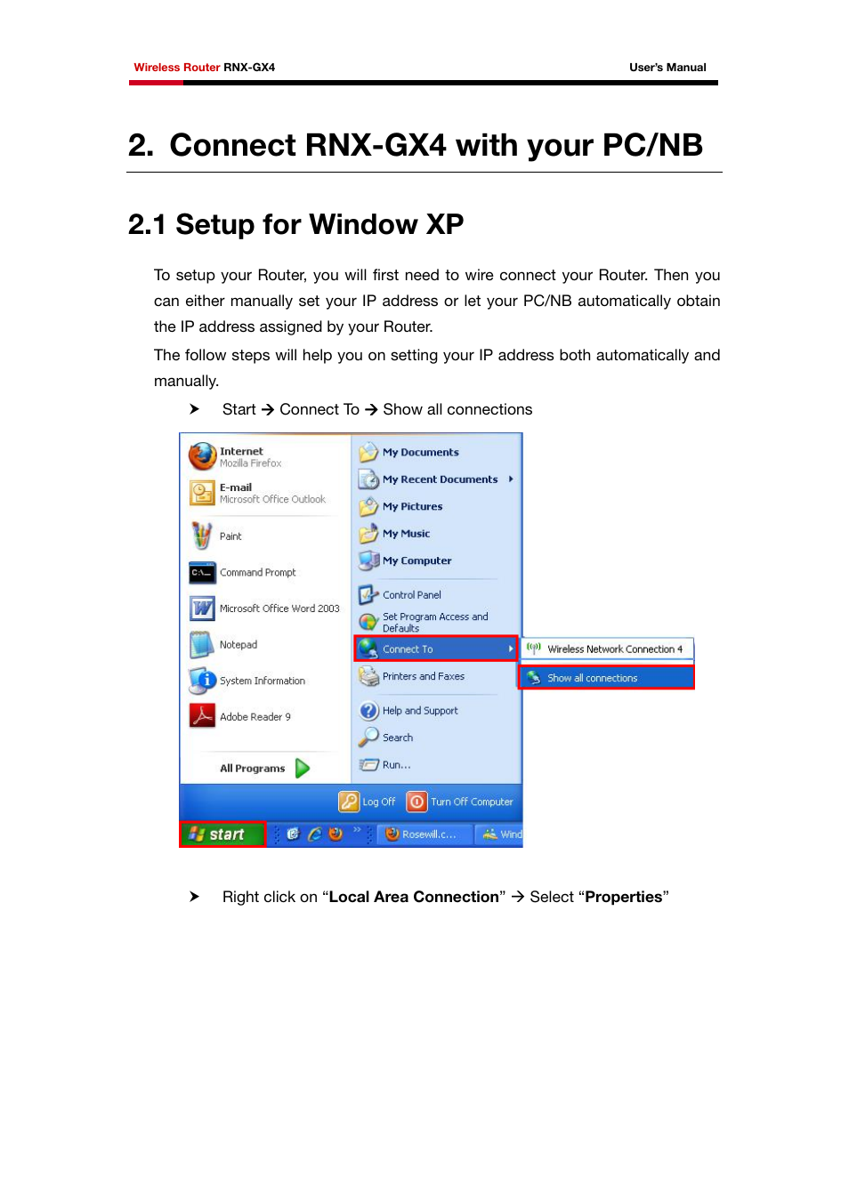 Connect rnx-gx4 with your pc/nb, 1 setup for window xp | Rosewill RNX-GX4 User Manual | Page 10 / 52