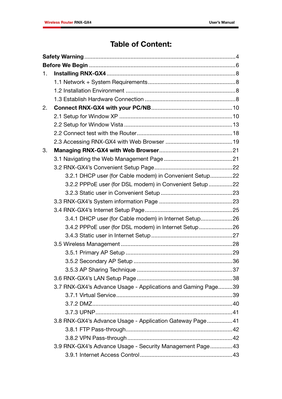 Table of content | Rosewill RNX-GX4 User Manual | Page 2 / 52