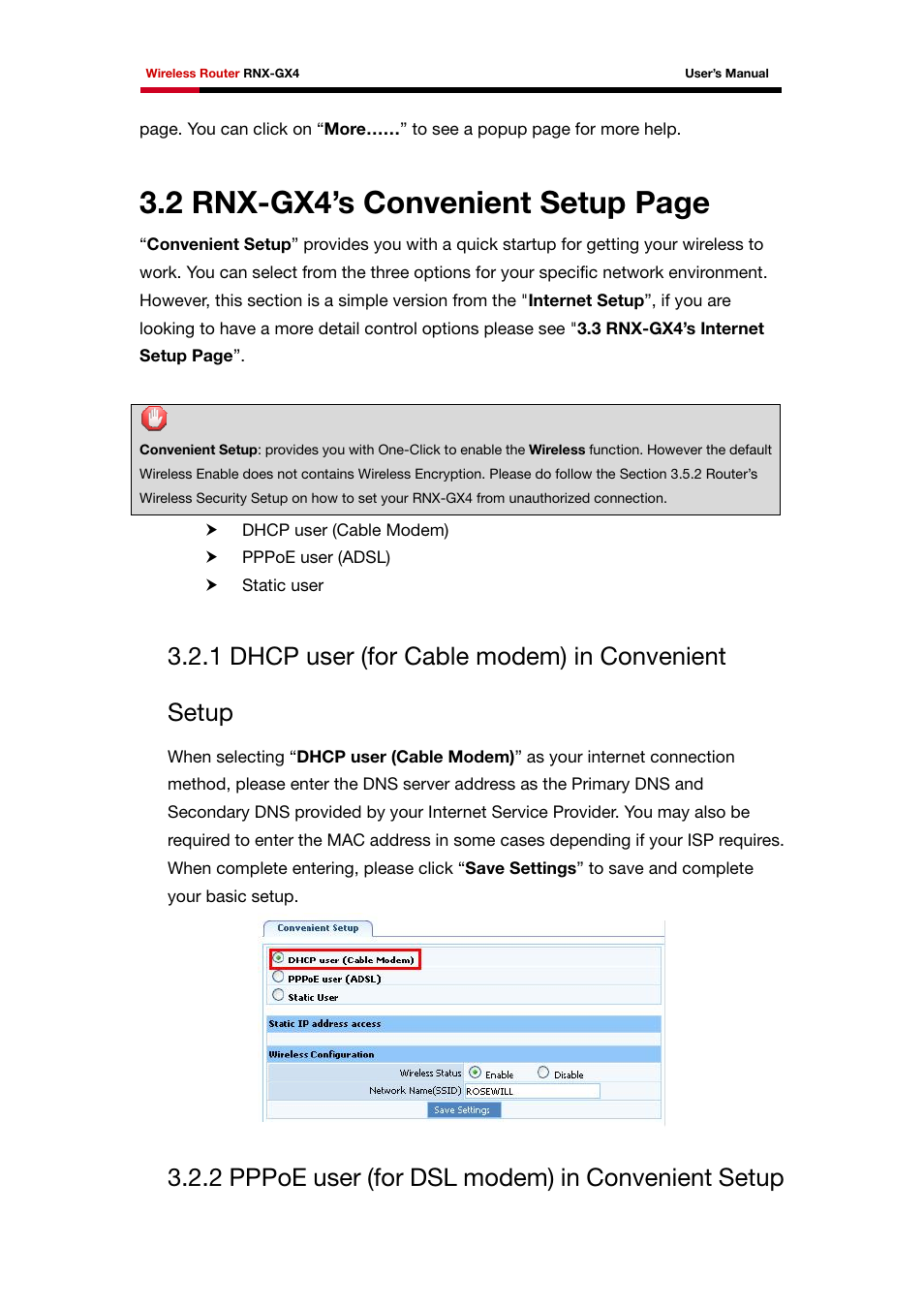 2 rnx-gx4’s convenient setup page, 1 dhcp user (for cable modem) in convenient setup, 2 pppoe user (for dsl modem) in convenient setup | Rosewill RNX-GX4 User Manual | Page 22 / 52