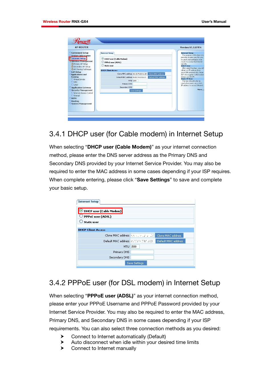 1 dhcp user (for cable modem) in internet setup, 2 pppoe user (for dsl modem) in internet setup | Rosewill RNX-GX4 User Manual | Page 26 / 52