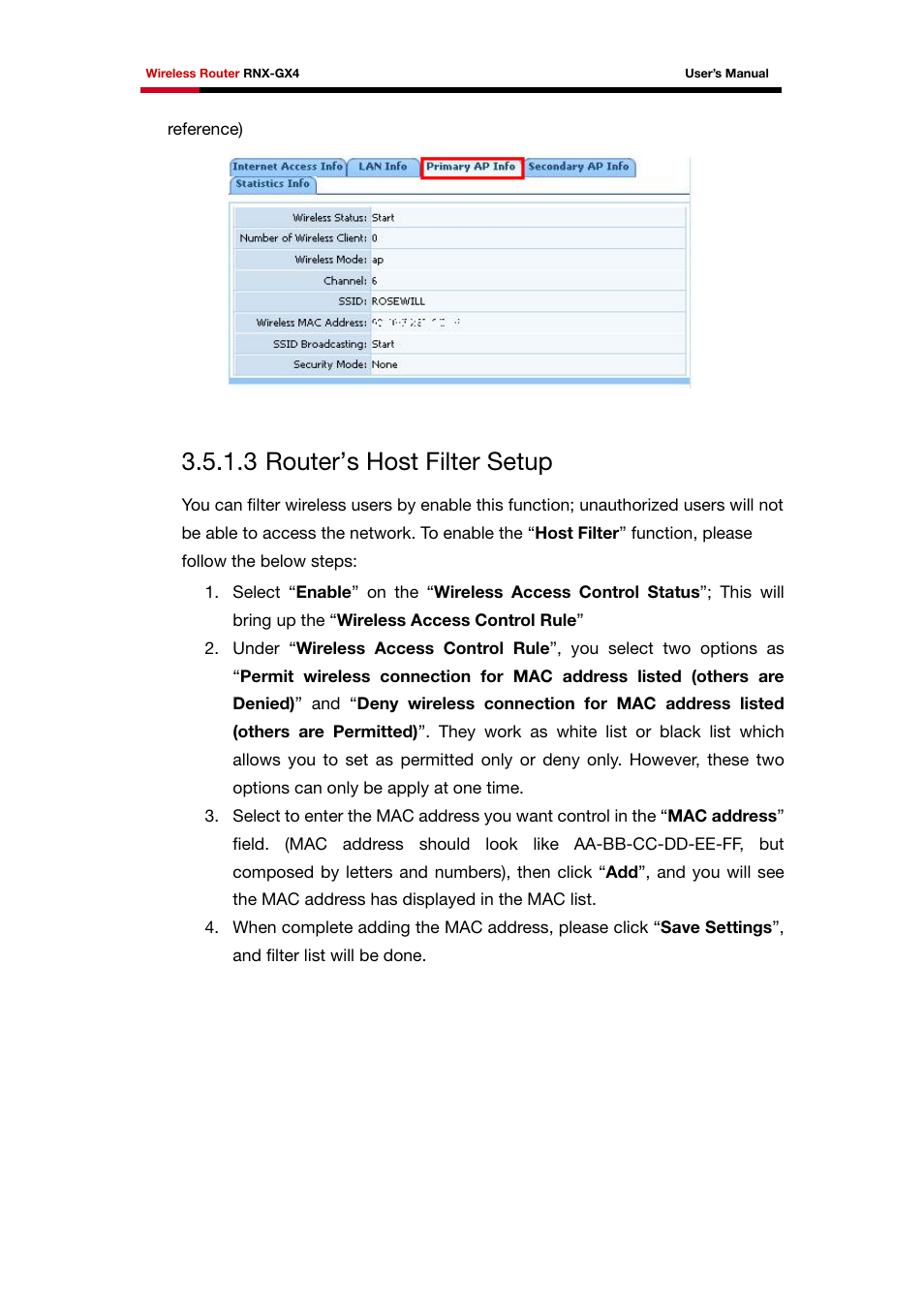 3 router’s host filter setup | Rosewill RNX-GX4 User Manual | Page 34 / 52