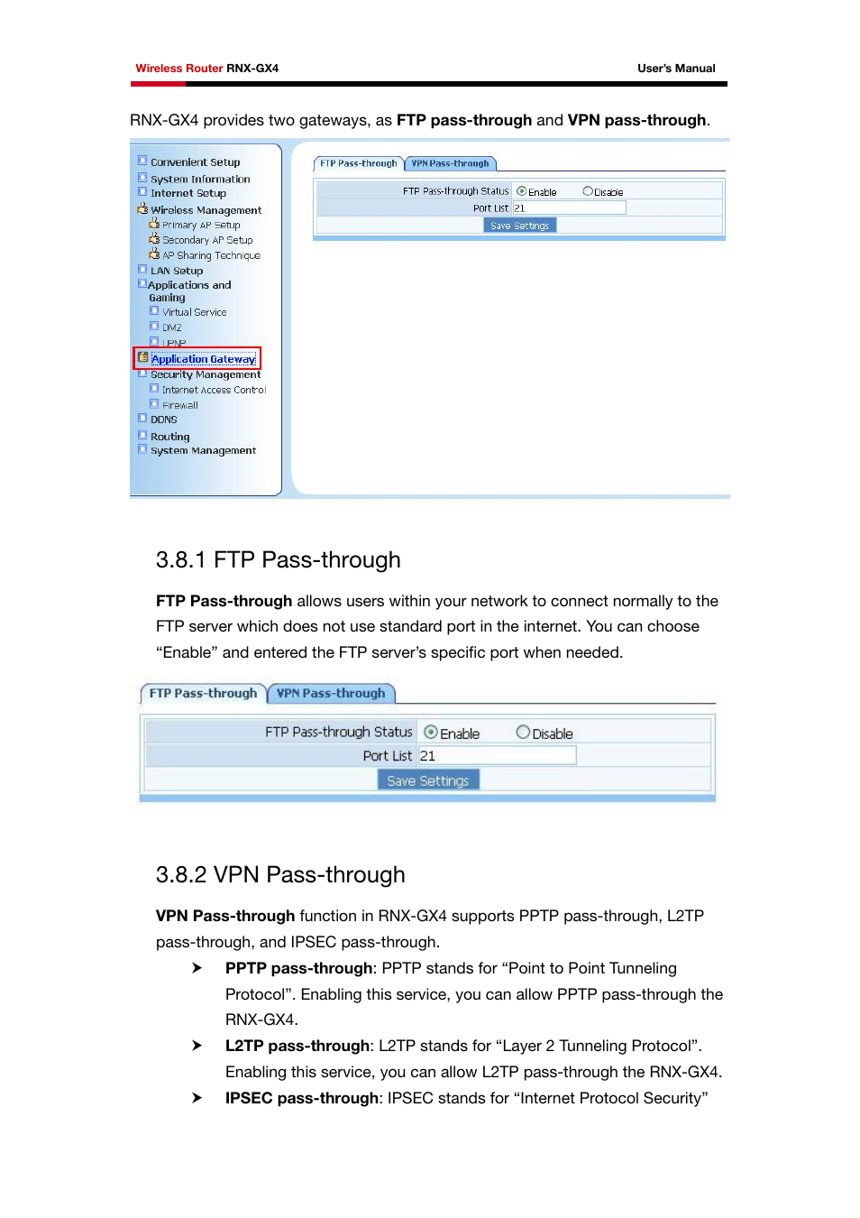 1 ftp pass-through, 2 vpn pass-through | Rosewill RNX-GX4 User Manual | Page 42 / 52