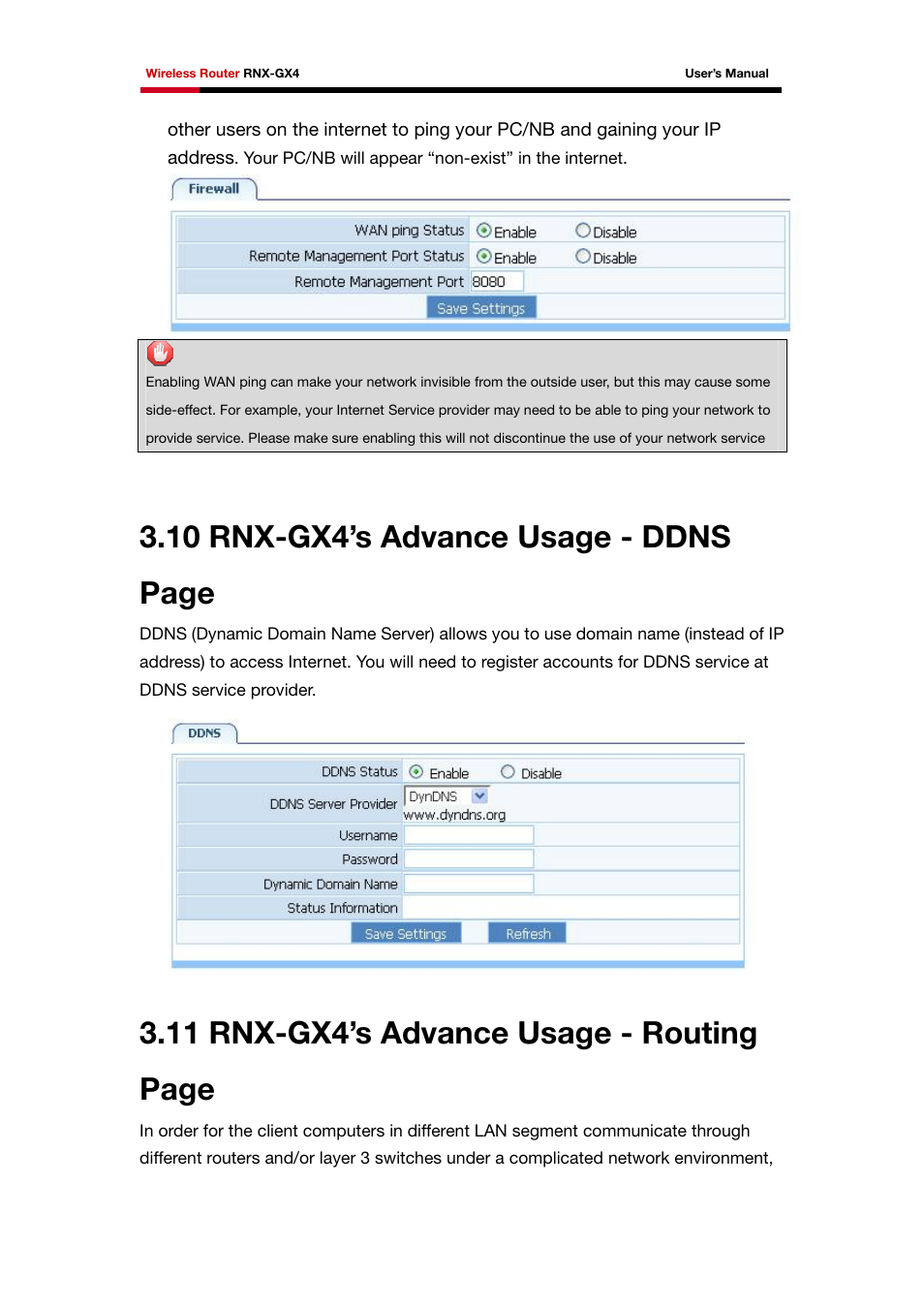 10 rnx-gx4’s advance usage - ddns page, 11 rnx-gx4’s advance usage - routing page | Rosewill RNX-GX4 User Manual | Page 46 / 52