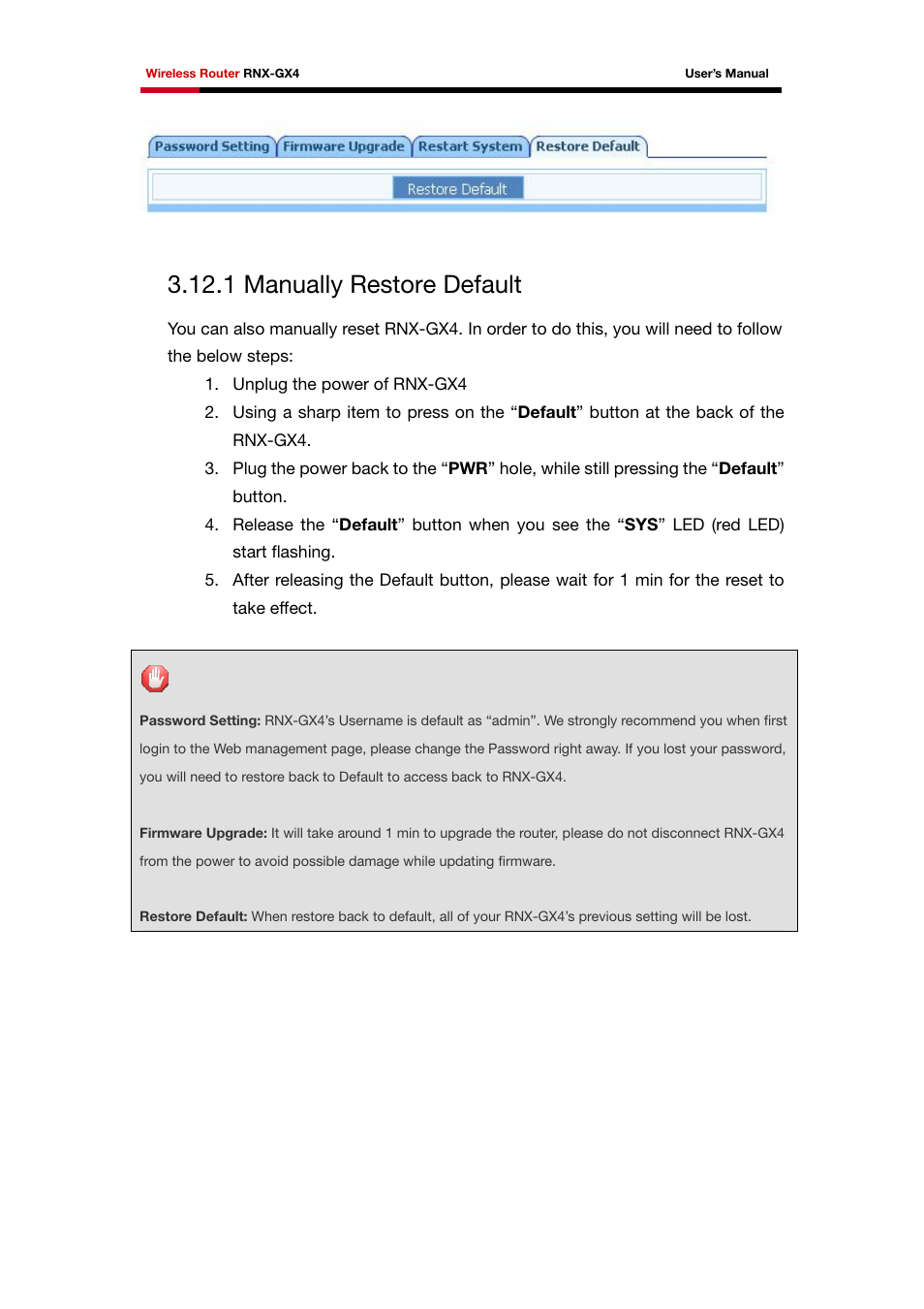 1 manually restore default | Rosewill RNX-GX4 User Manual | Page 48 / 52