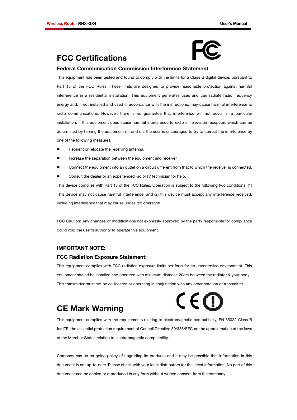 Fcc certifications, Ce mark warning | Rosewill RNX-GX4 User Manual | Page 5 / 52