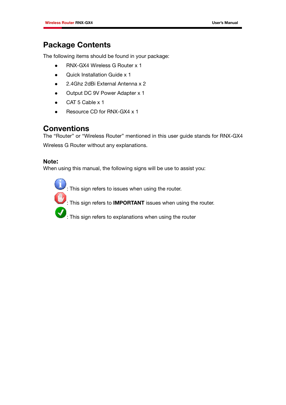 Package contents, Conventions | Rosewill RNX-GX4 User Manual | Page 7 / 52