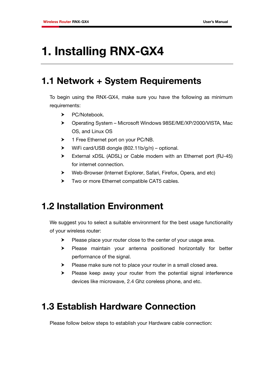 Installing rnx-gx4, 1 network + system requirements, 2 installation environment | 3 establish hardware connection | Rosewill RNX-GX4 User Manual | Page 8 / 52