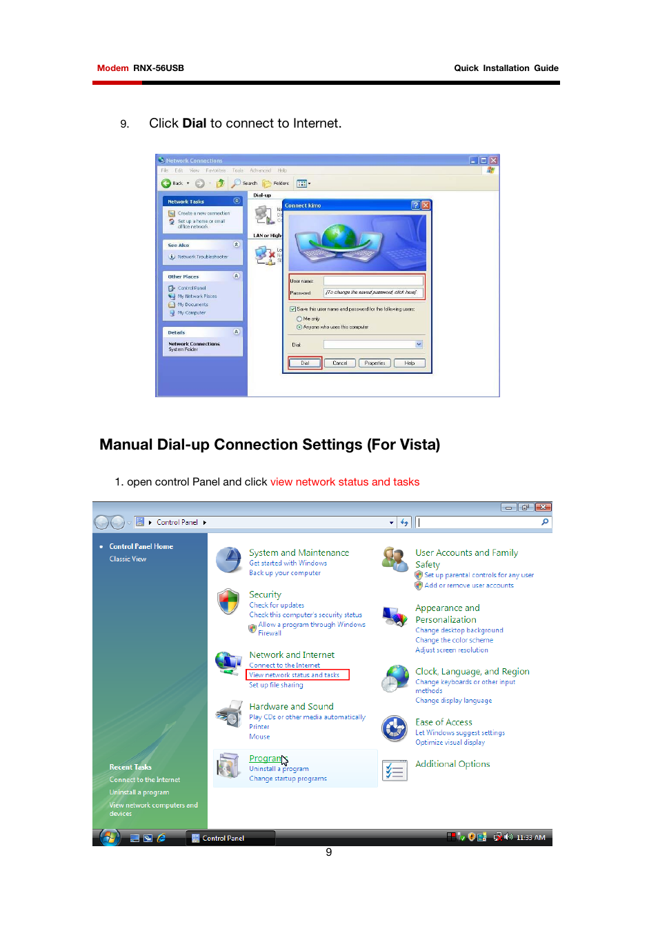Manual dial-up connection settings (for vista), Click dial to connect to internet | Rosewill RNX-56USB User Manual | Page 10 / 15