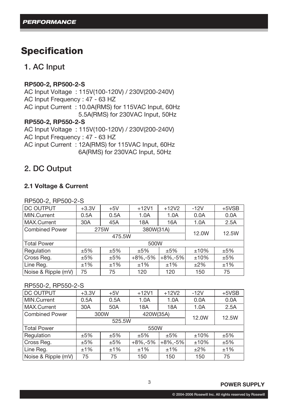 Specification, Ac input, Dc output | Rosewill RP500-2 User Manual | Page 4 / 14
