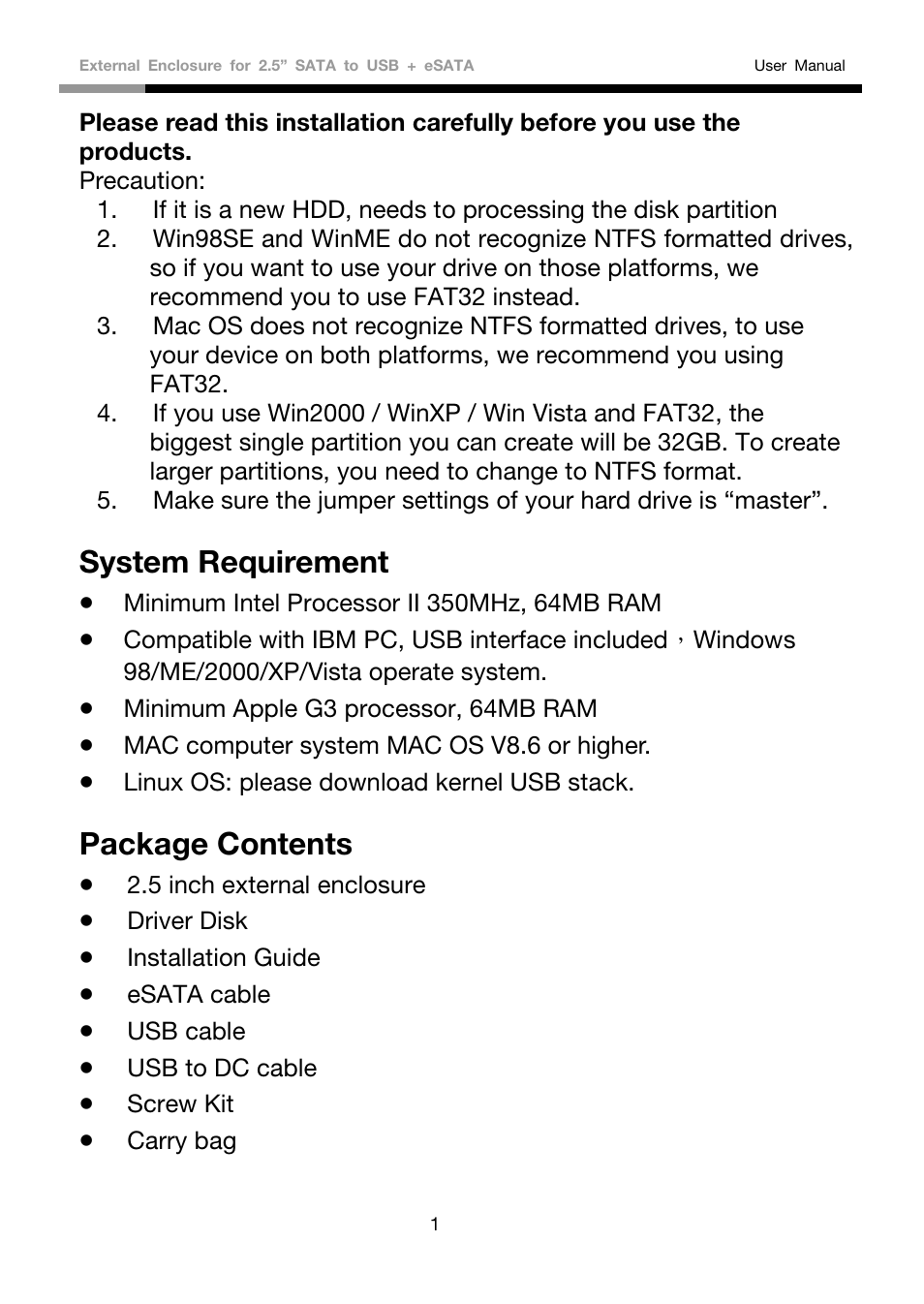 System requirement, Package contents | Rosewill RX81US-HT-25A-BLK User Manual | Page 2 / 8