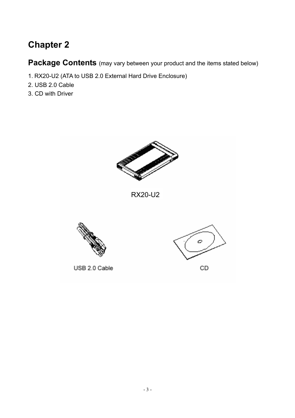 Package contents, Chapter 2 | Rosewill RX20-U2 User Manual | Page 3 / 18