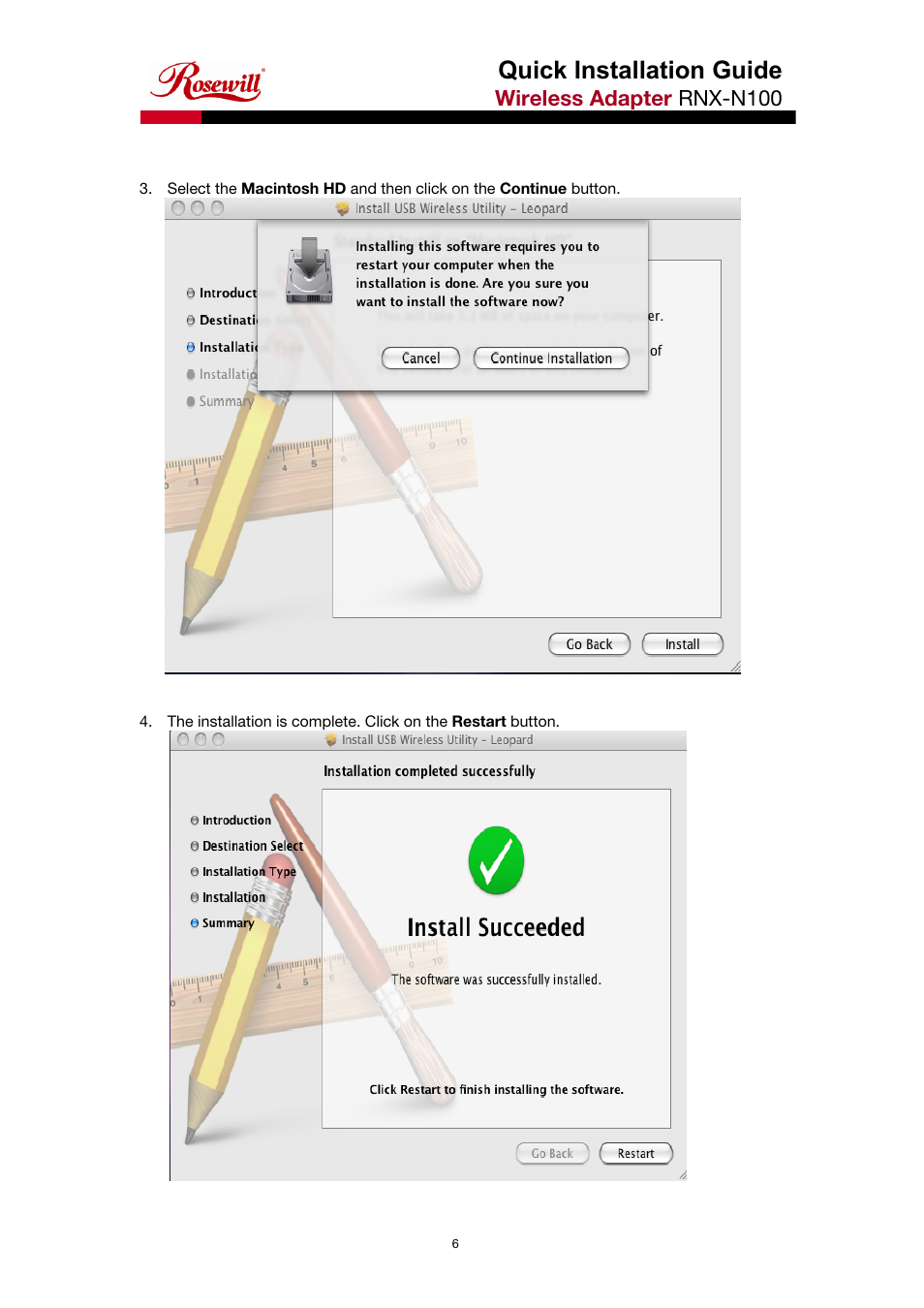 Quick installation guide, Wireless adapter rnx-n100 | Rosewill RNX-N100 User Manual | Page 6 / 8