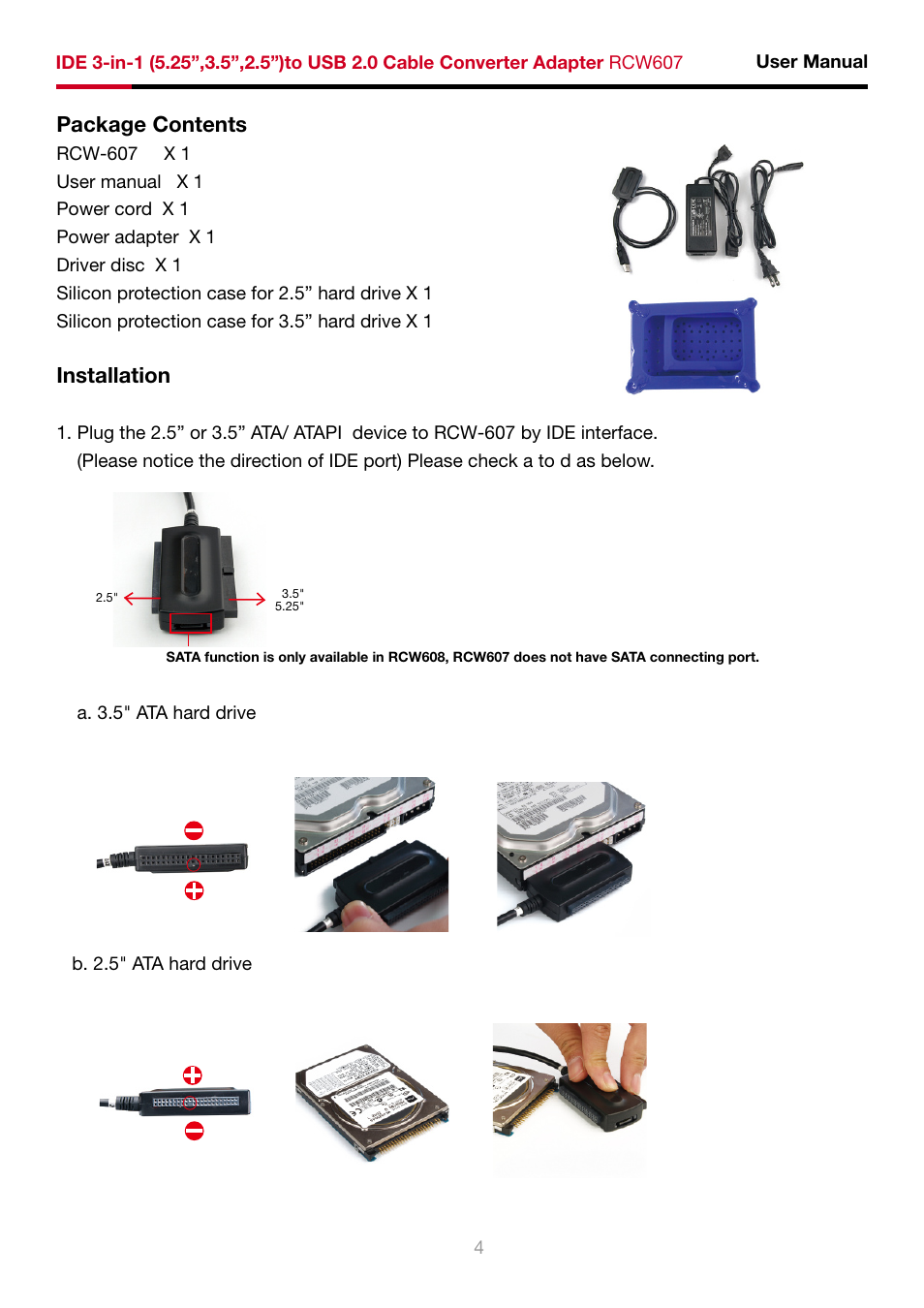 Package contents, Installation | Rosewill IDE 3-in-1 User Manual | Page 5 / 10