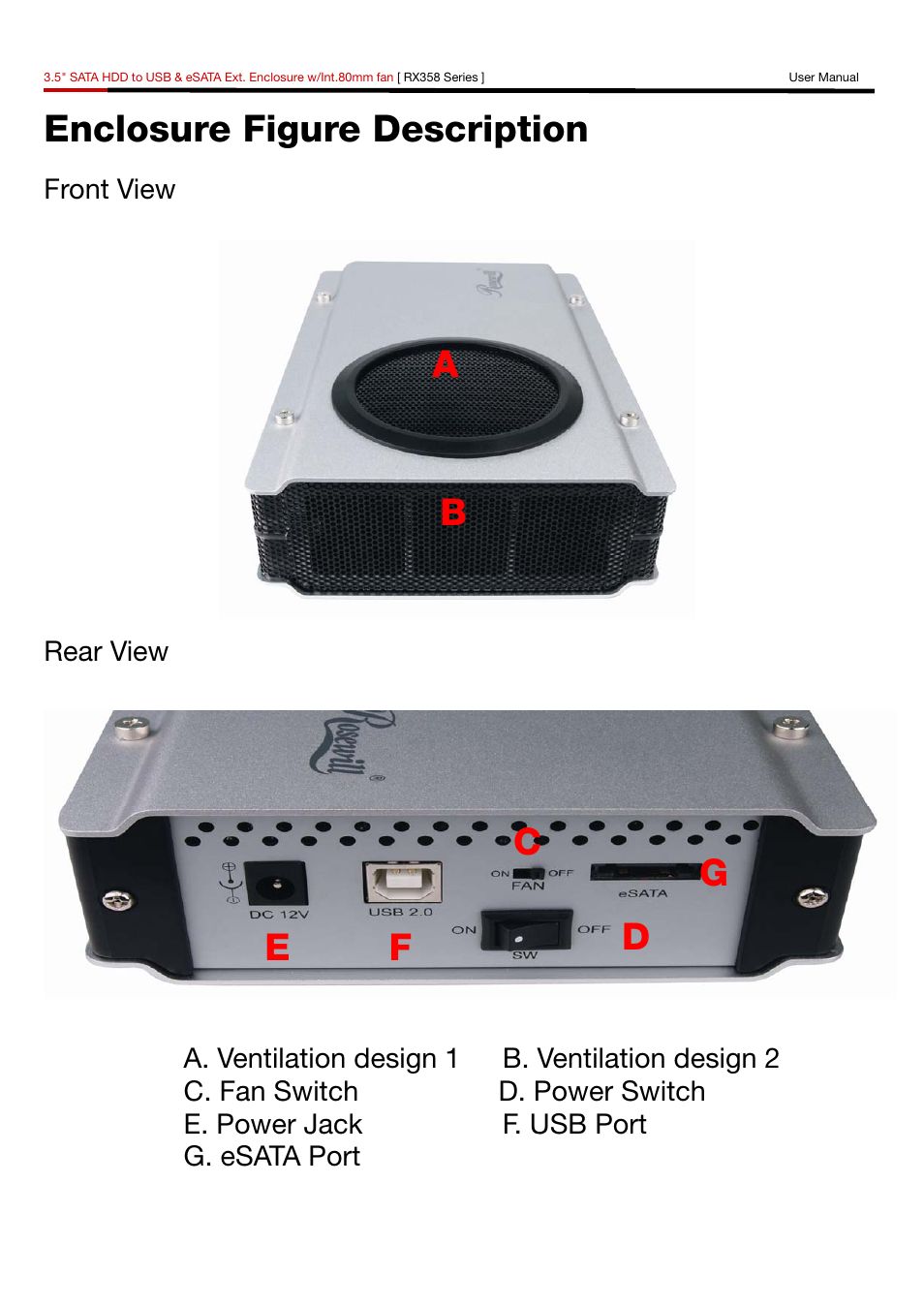 Enclosure figure description, Cg d e f | Rosewill RX358 User Manual | Page 3 / 11