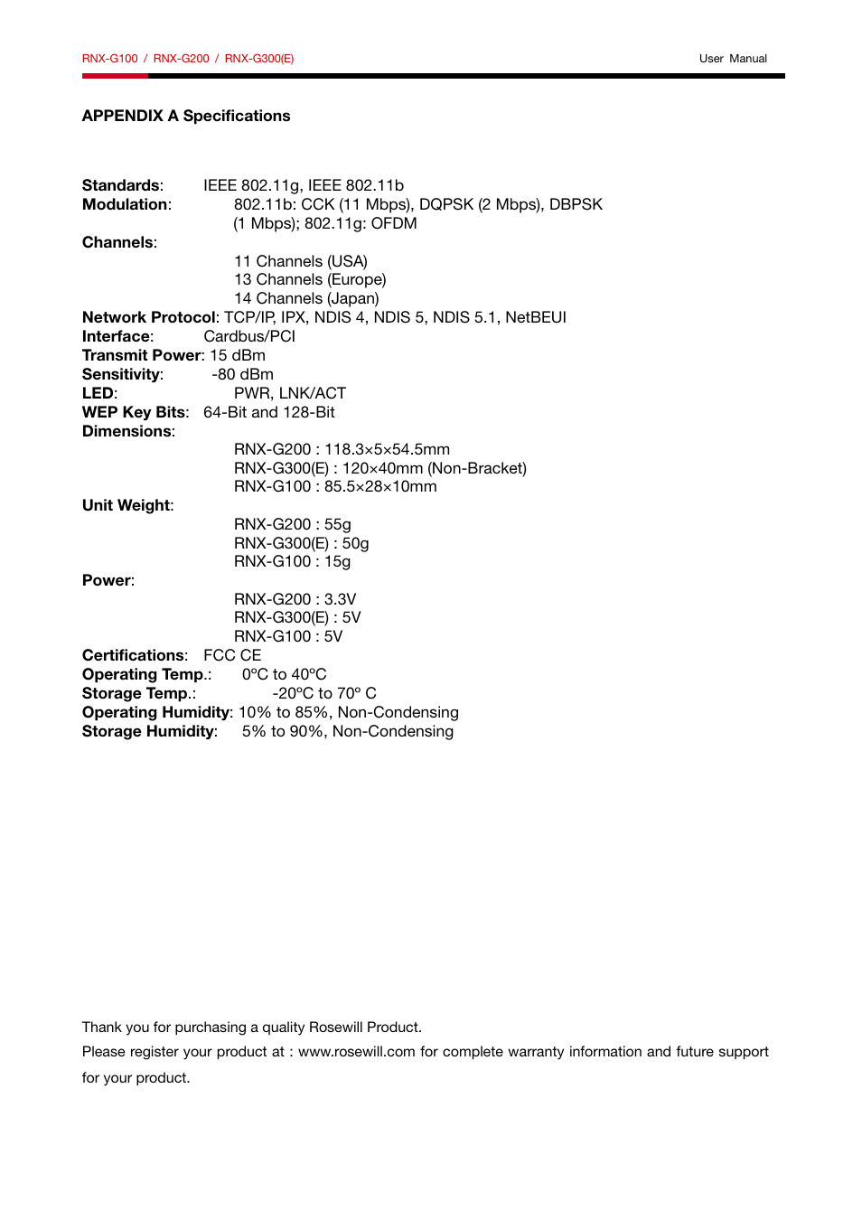 Appendix a specifications | Rosewill RNX-G200 User Manual | Page 20 / 20