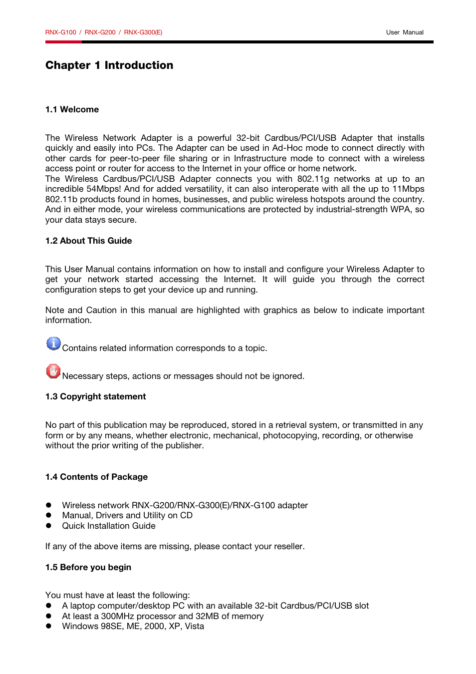 Chapter 1 introduction, 1 welcome, 2 about this guide | 3 copyright statement, 4 contents of package, 5 before you begin | Rosewill RNX-G200 User Manual | Page 3 / 20